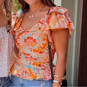 Vibrant Orange Ruffle Sleeve Blouse
